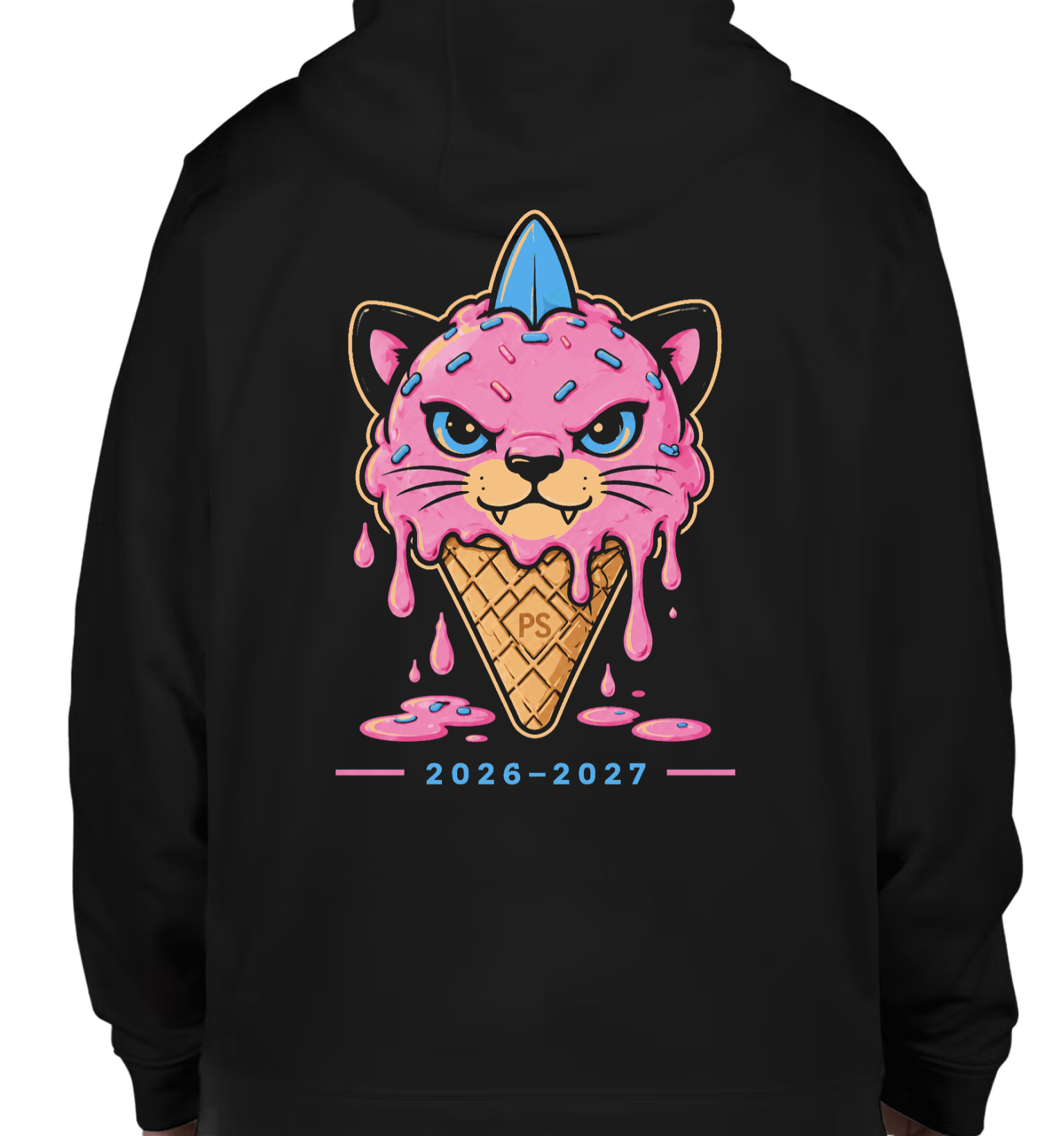 The 2026–2027 Panther Sharks design on the back of the adult hoodie