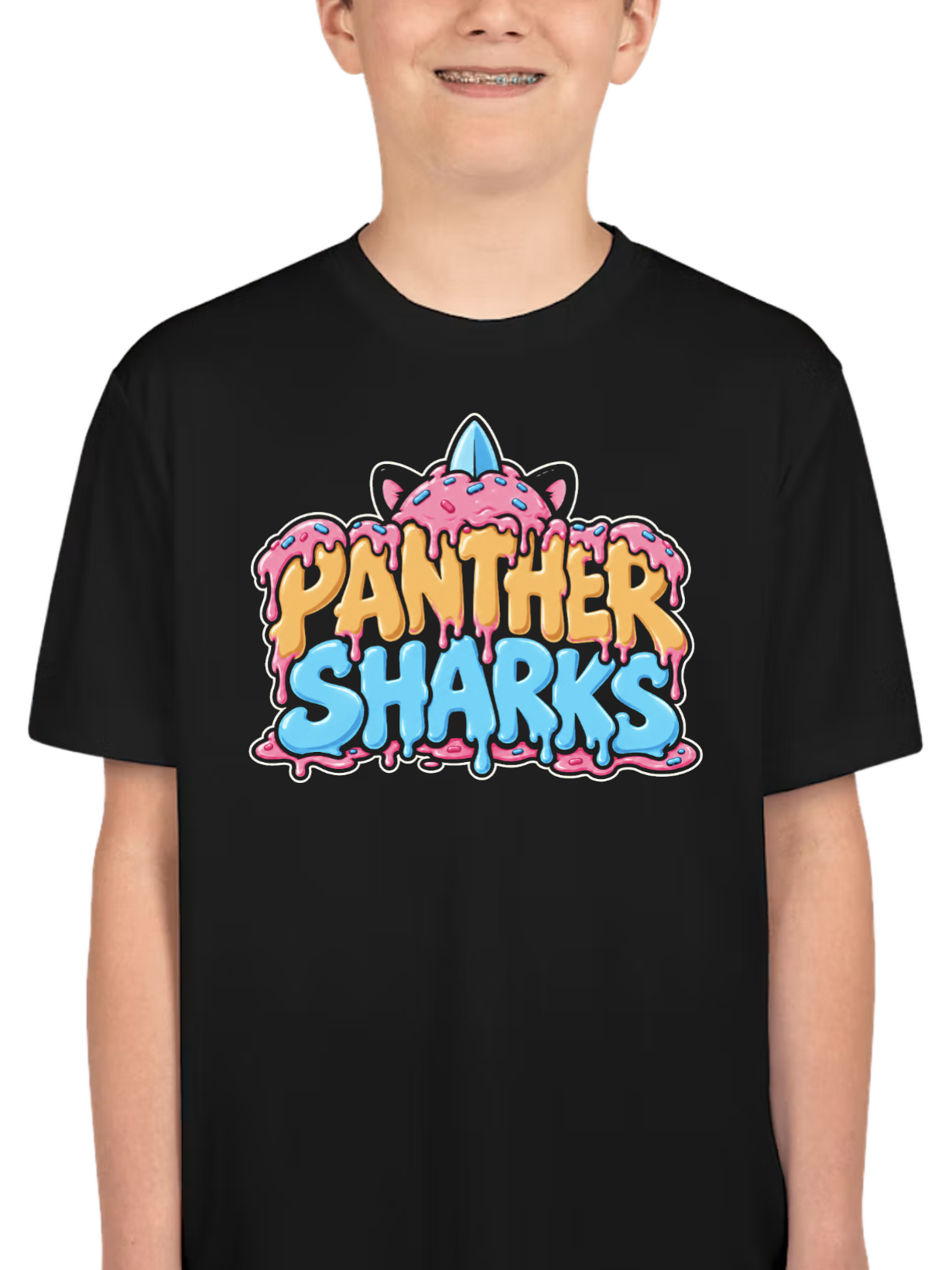 The Panther Sharks logo on the front of the kids’ tee